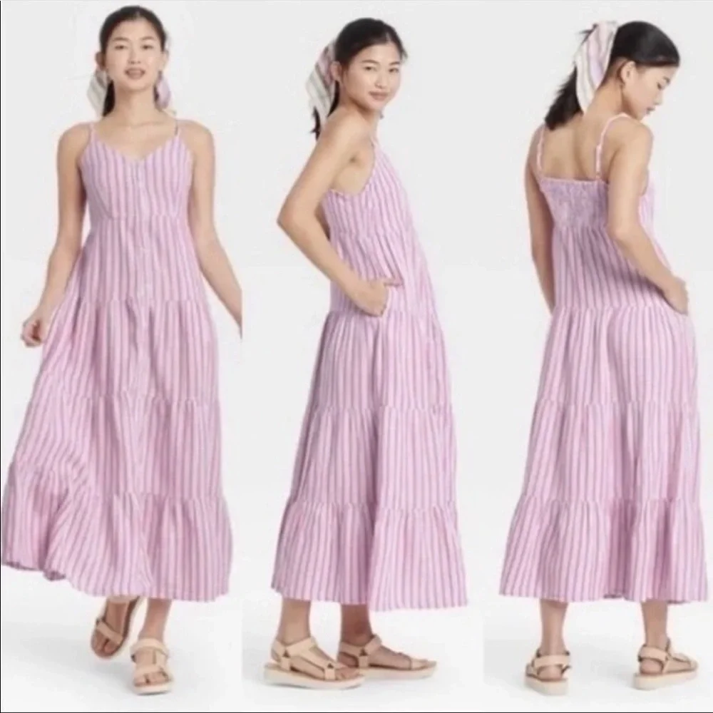 UNIVERSAL THREAD Pink & Gray Striped Tiered Ruffle Maxi Dress Size Small - Picture 2 of 11
